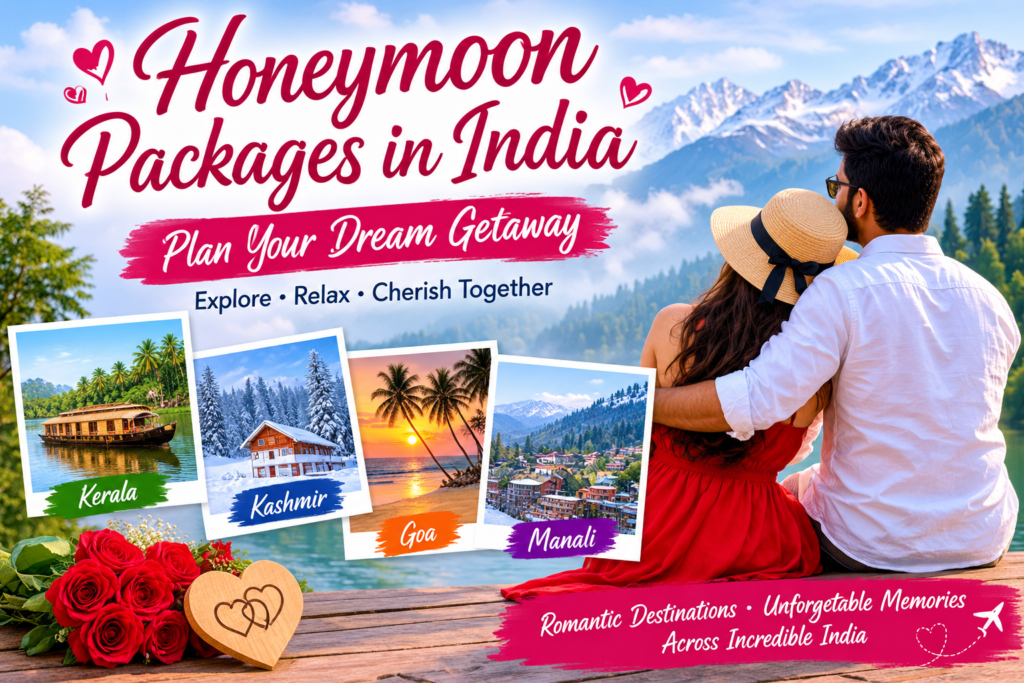Honeymoon packages in India featuring a romantic couple enjoying scenic mountain views and a beautiful sunset.